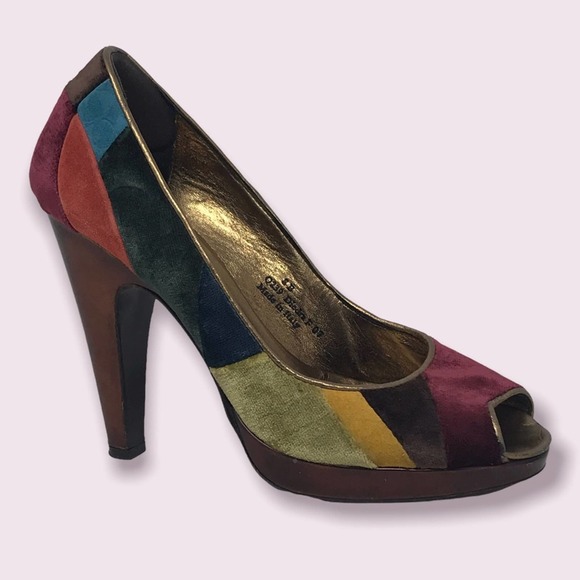 Coach Shoes - Coach Velvet Multi-color Patchwork Diedra Heels Peephole Pumps